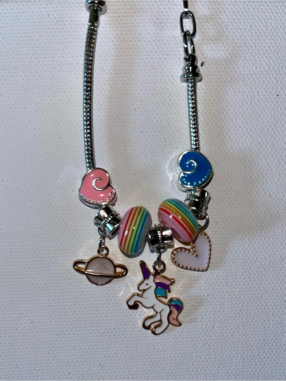 Adjustable Snake Chain Kids Unicorn & Heart charm Bracelet w/Pink & Blue Accents